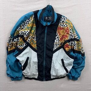 River Edge Sport Windbreaker Womens Medium Teal Baroque Animal Print 90s Vintage